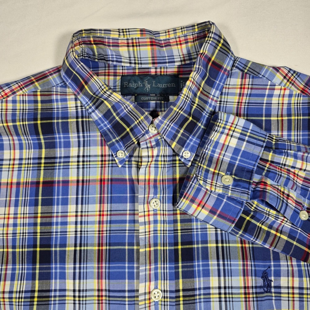 Ralph Lauren Custom Fit Plaid Button‎ Down Shirt Mens XL Blue Yellow Red Cotton